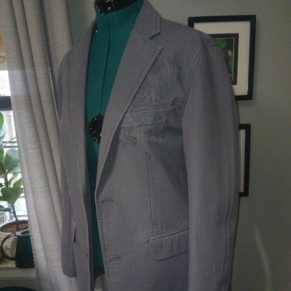 INC Grey Denim-Style Tonal Striped Blazer with Chest Embroidery Sz M NWT - Picture 9 of 16